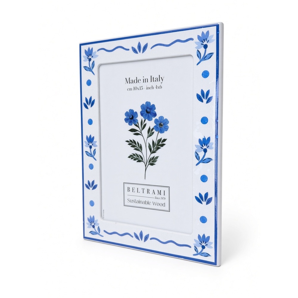 Beltrami Italy Blue Floral White Sustainable Wood Picture Frame 4x6 New